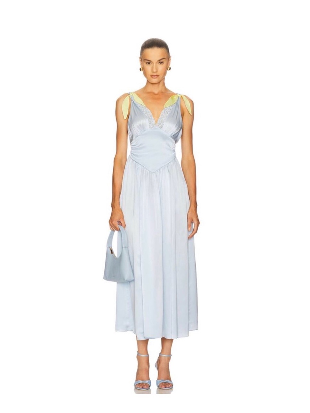 HELSA Satin Light Blue Maxi Dress with Yellow Shoulder Ties M - Picture 6 of 6